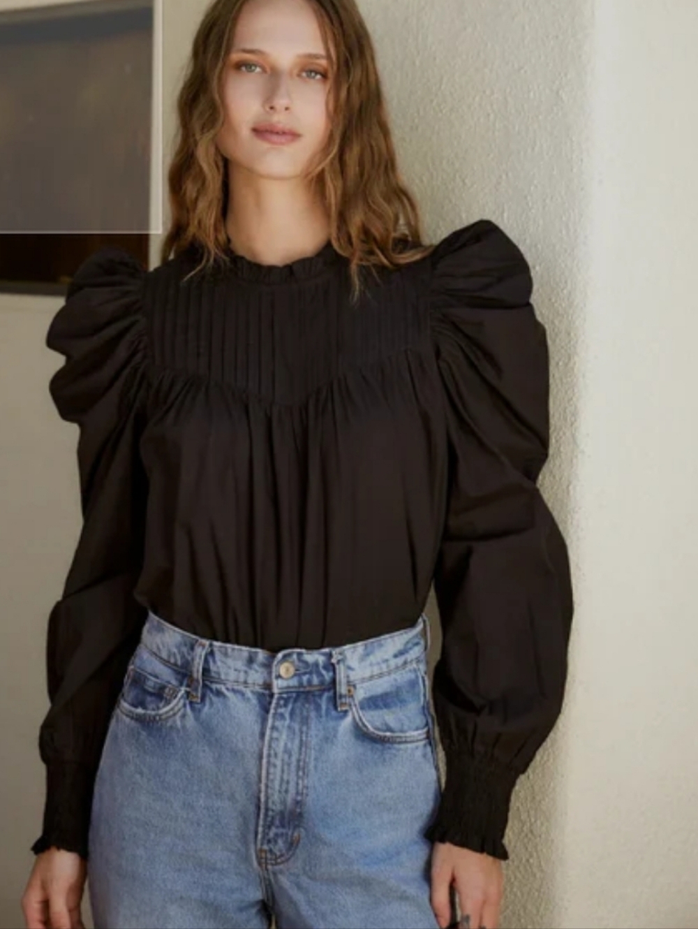 NWT Cleobella Irina Black Puff Bishop Sleeve Smocked Pintucked Blouse Small